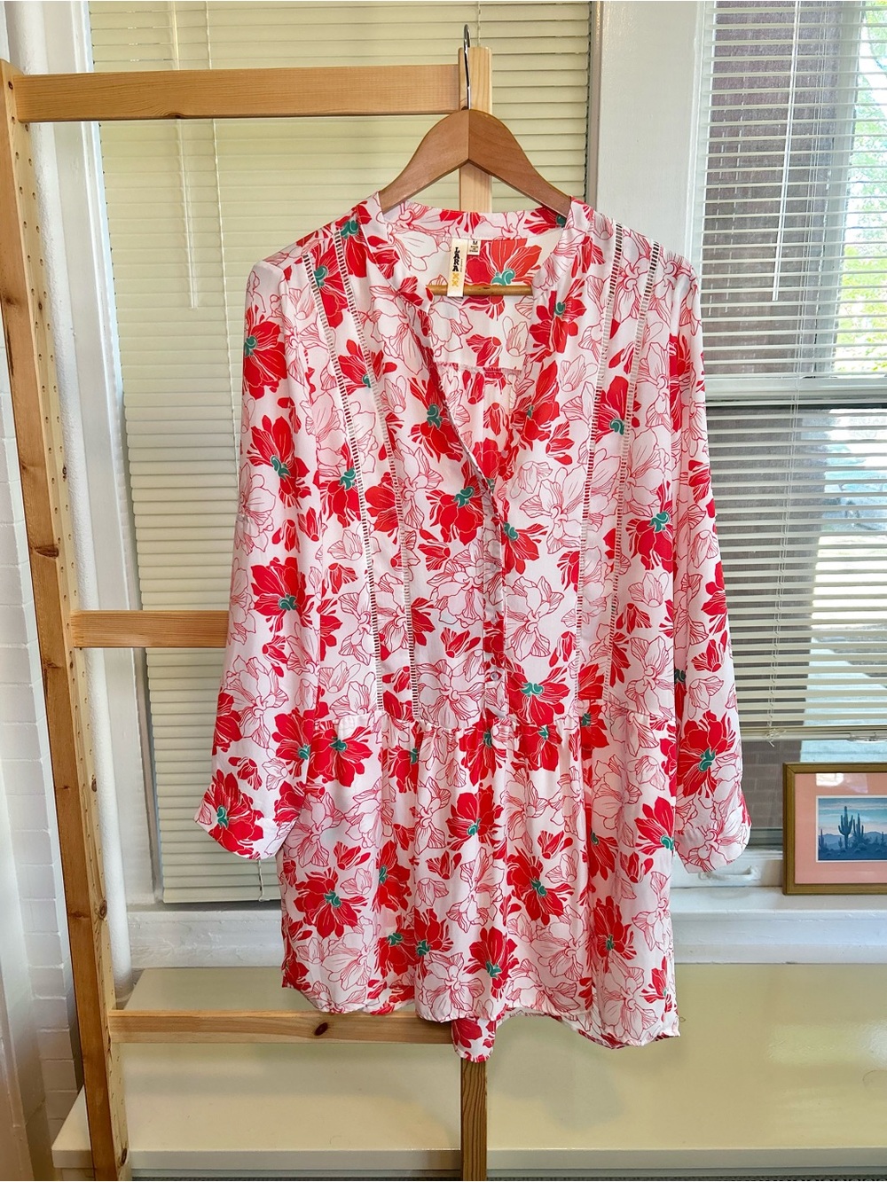 LARAXX Red Floral Tiered Tunic Dress - Size M